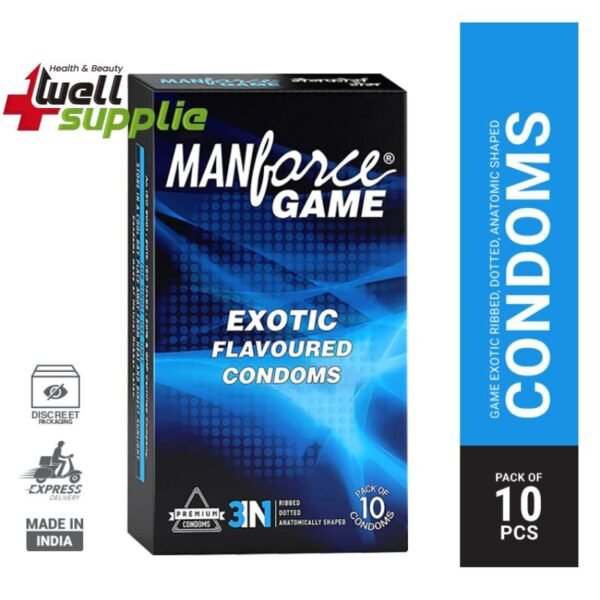 Manforce GAME 3-In-1 Ribbed Dotted Contoured Exotic flavoured Condoms - 10pcs Pack(India)