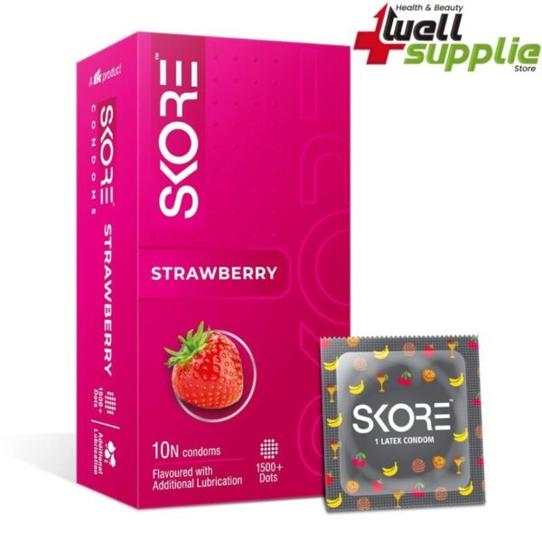 Skore Strawberry Flavored Dotted with Extra Lubrication Condom - 10Pcs Pack (India)