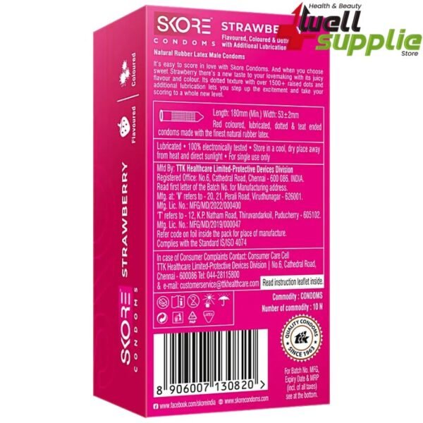 Skore Strawberry Flavored Dotted with Extra Lubrication Condom - 10Pcs Pack (India)