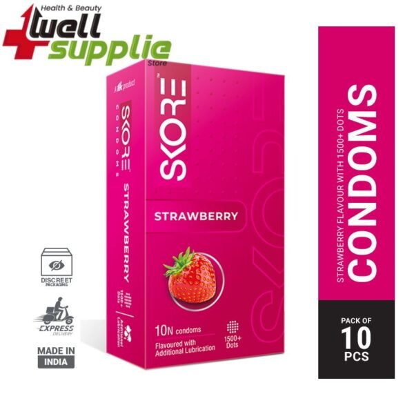 Skore Strawberry Flavored Dotted with Extra Lubrication Condom - 10Pcs Pack (India)